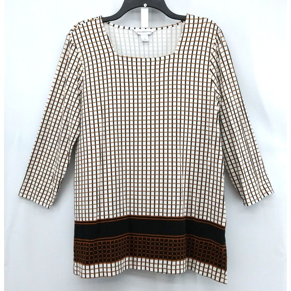 Liz Claiborne Blouse Womens Size M Brown Check Pattern Tunic Pullover Top